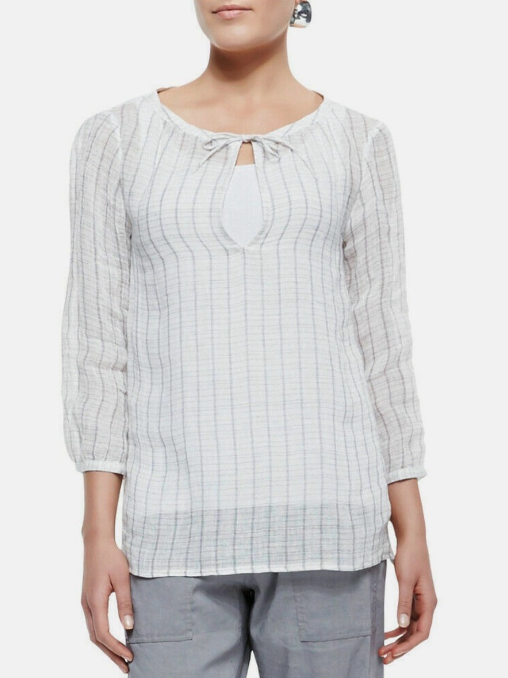 Eileen Fisher 100% linen White Tunic with Thin Gray Stripes